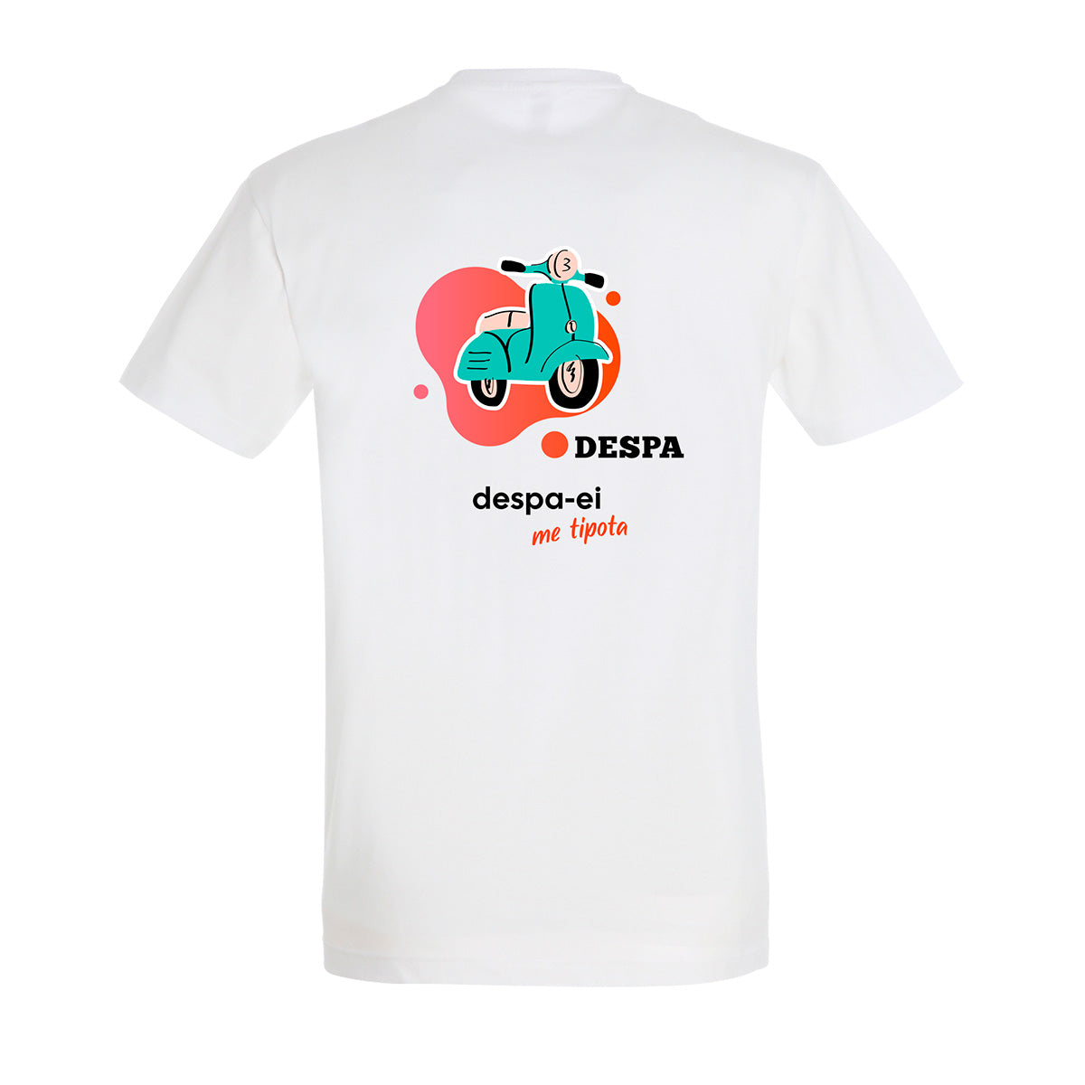 White t-shirt featuring a scooter graphic and text on the back, designed in an orange and turquoise color palette.
