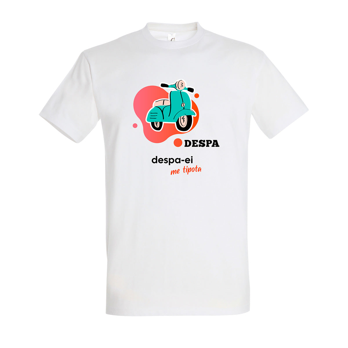 White t-shirt featuring a scooter graphic and text on the front, designed in an orange and turquoise color palette.