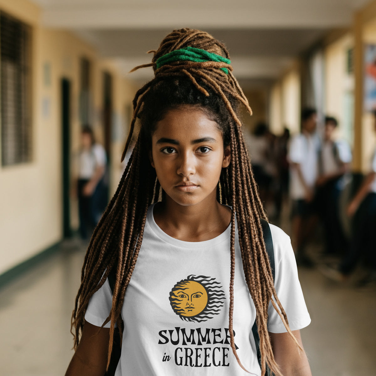 Girl wearing a white t-shirt with a sun graphic and text in a school hallway.