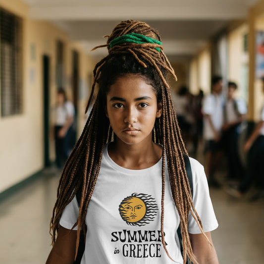 Girl wearing a white t-shirt with a sun graphic and text in a school hallway.