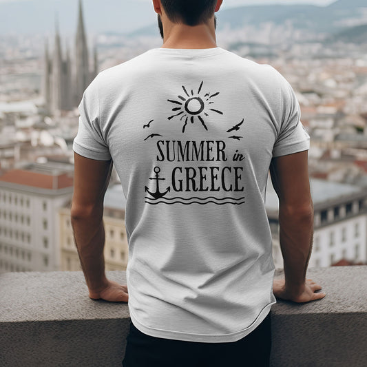 Person wearing a white t-shirt with 'Summer in Greece' design on the back against a black background