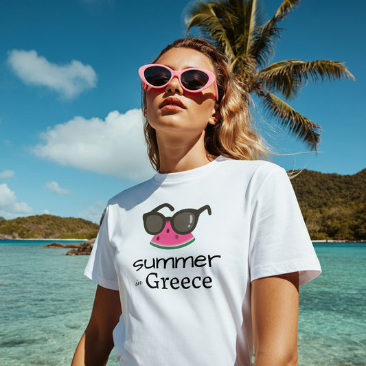 Woman wearing a 'Summer in Greece' t-shirt with sunglasses and watermelon design, standing on a beach.