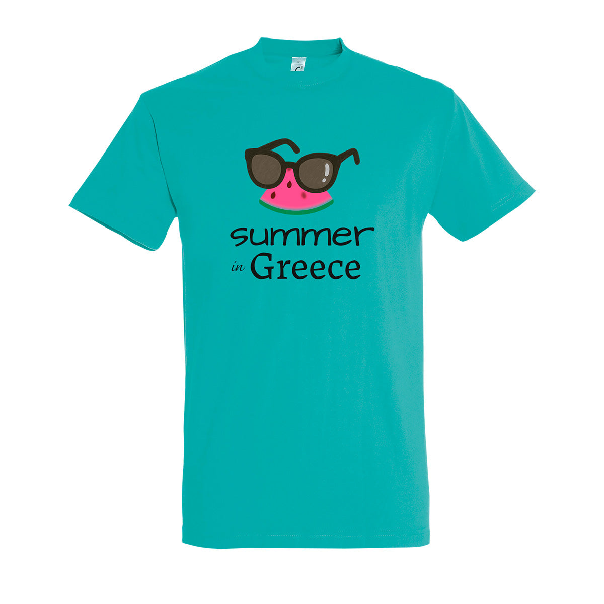 Carribean blue t-shirt with a 'Summer in Greece' text design & sunglasses and watermelon graphics above it.