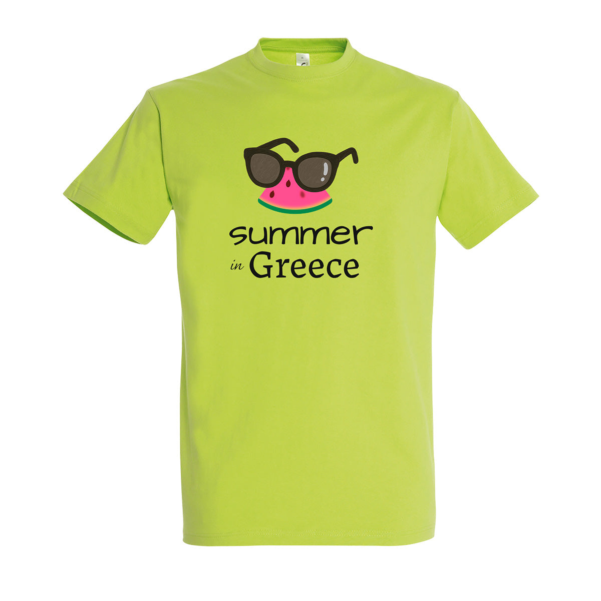 Apple green t-shirt with a 'Summer in Greece' text design & sunglasses and watermelon graphics above it.