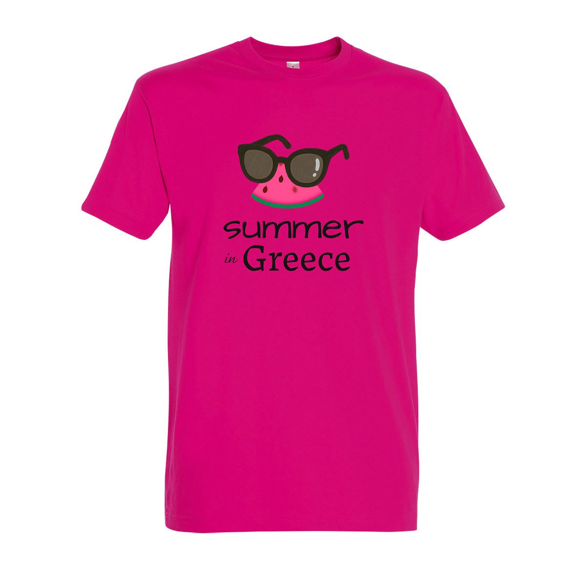 Fuchsia t-shirt with a 'Summer in Greece' text design & sunglasses and watermelon graphics above it.