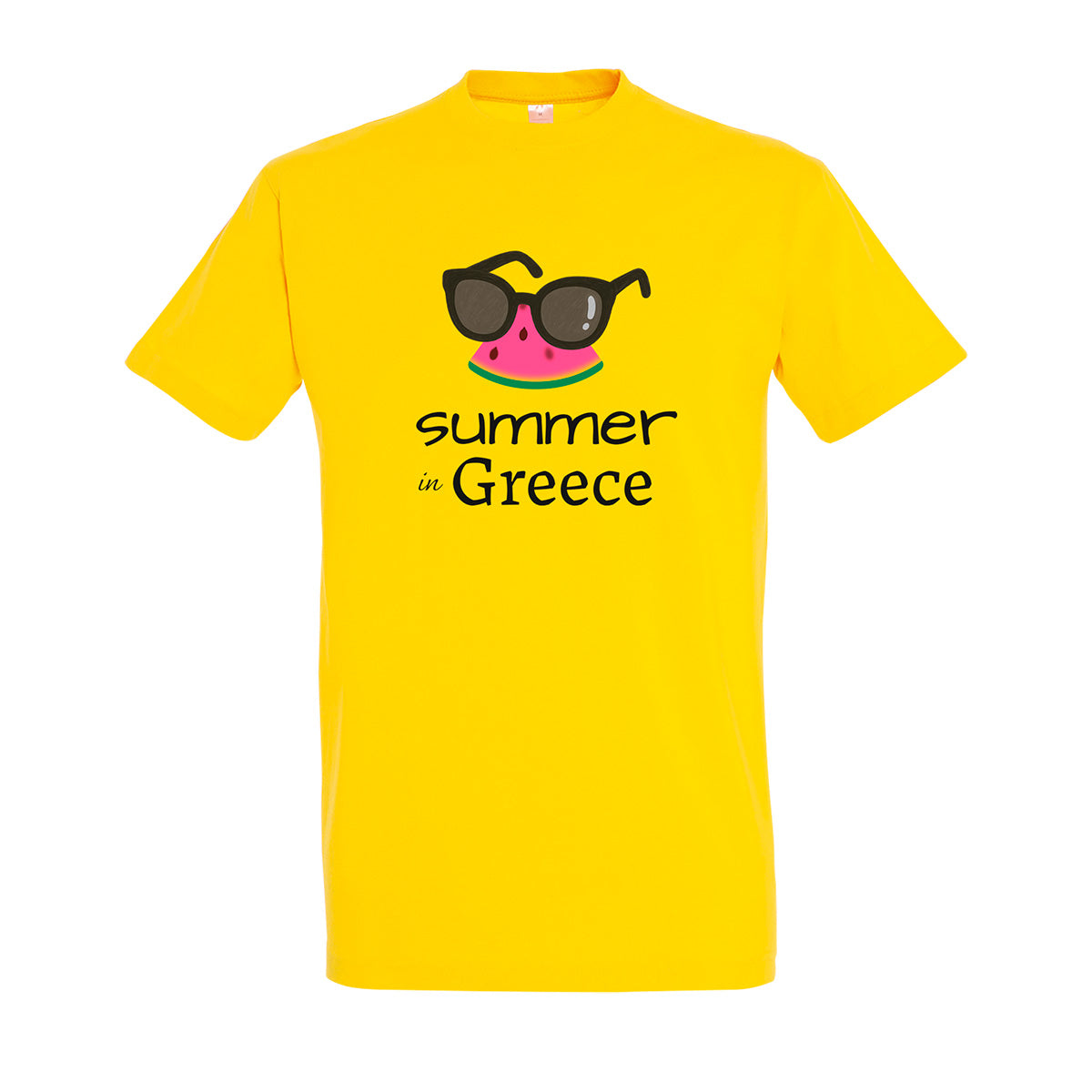 Yellow t-shirt with a 'Summer in Greece' text design & sunglasses and watermelon graphics above it.