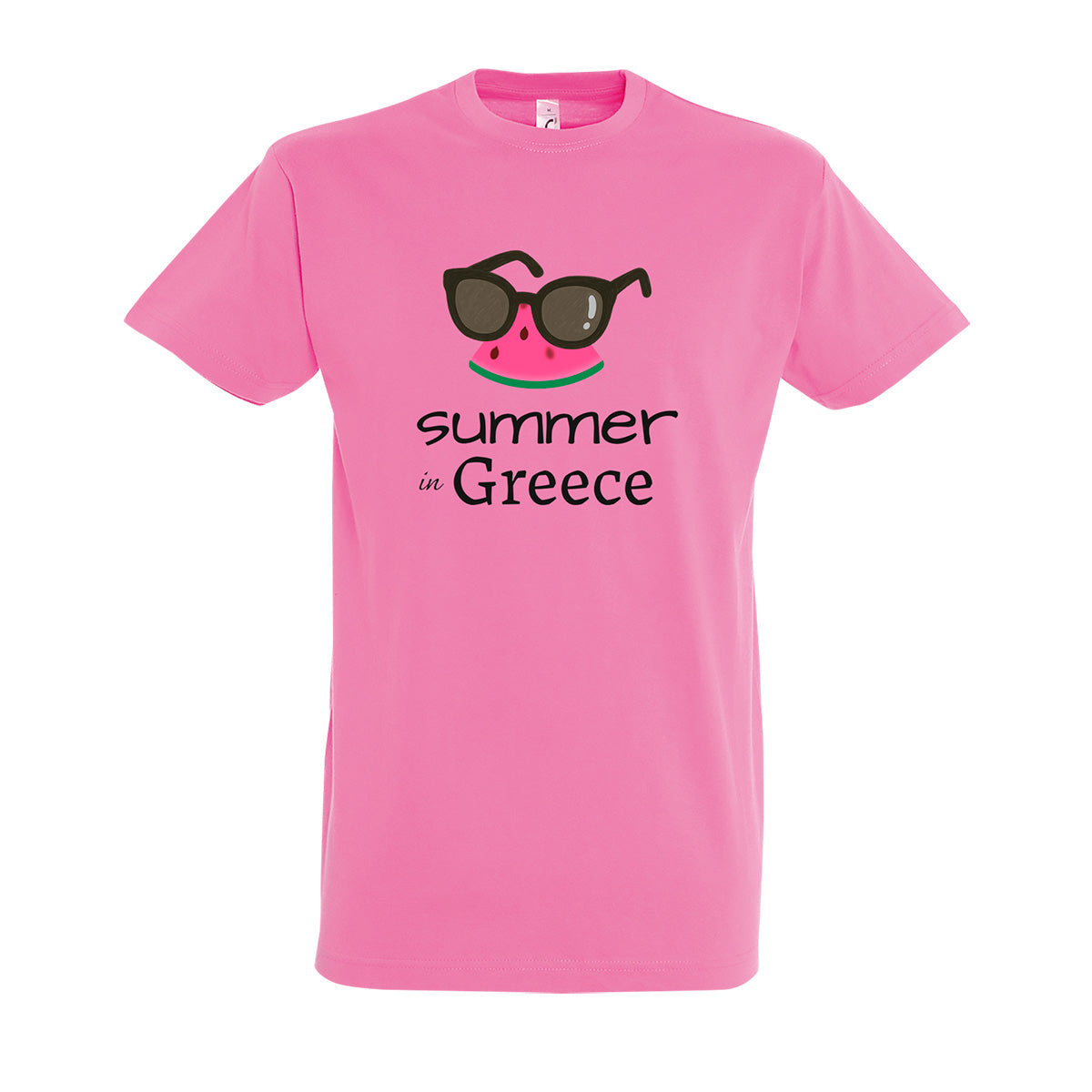 Pink t-shirt with a 'Summer in Greece' text design & sunglasses and watermelon graphics above it.