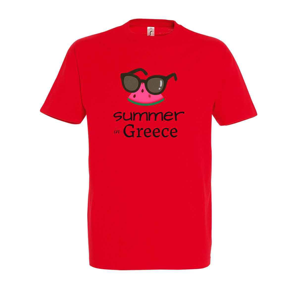 Red t-shirt with a 'Summer in Greece' text design & sunglasses and watermelon graphics above it.