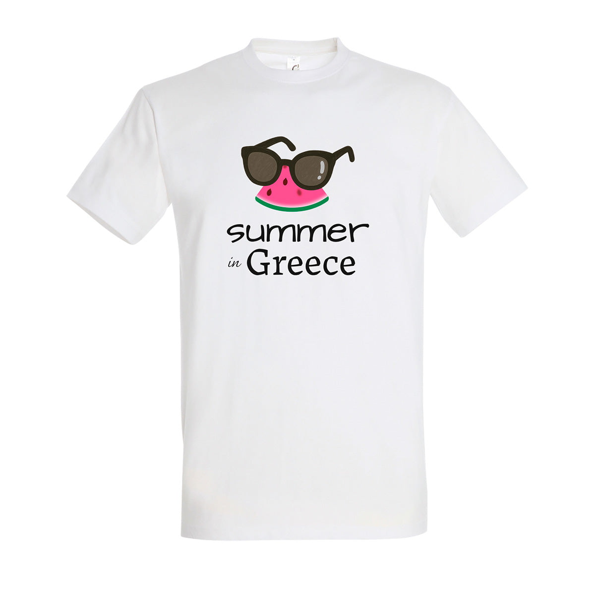 White t-shirt with a 'Summer in Greece' text design & sunglasses and watermelon graphics above it.