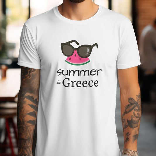 White t-shirt with 'summer in Greece' design featuring a watermelon and sunglasses on a blurred background.