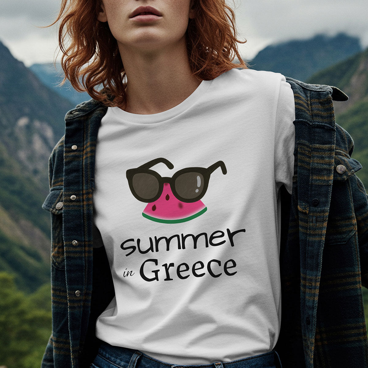 Person wearing a 'Summer in Greece' t-shirt with sunglasses and watermelon design on the front.