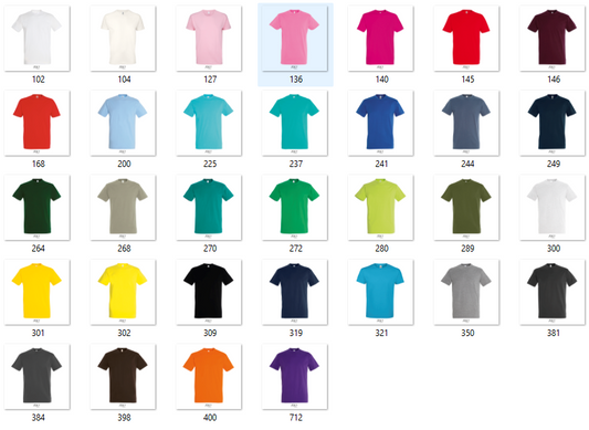 Grid of available colored t-shirts on a white background