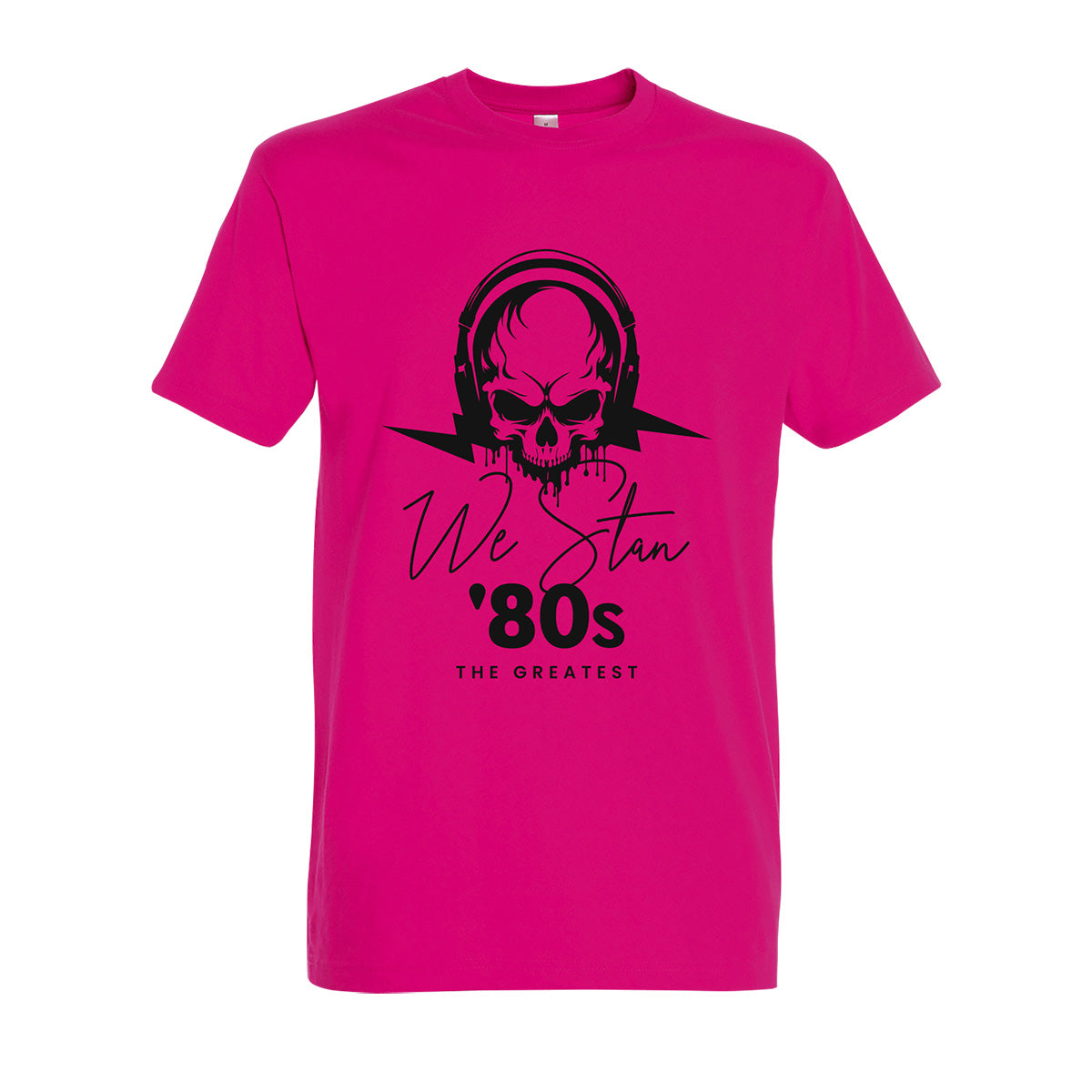 Fuchsia t-shirt with a skull design and black text on a white background