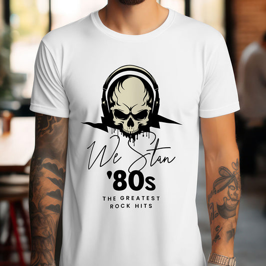 White t-shirt with a skull design and text worn by a person with tattoos.
