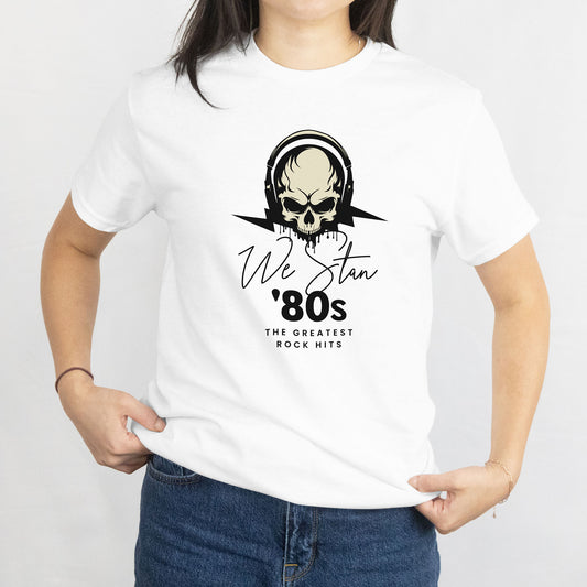Woman wearing a white t-shirt with a skull design and text on a plain background on the front of the T-shirt