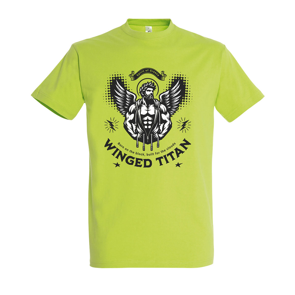 Apple green t-shirt with 'Winged Titan' graphic design on a white background