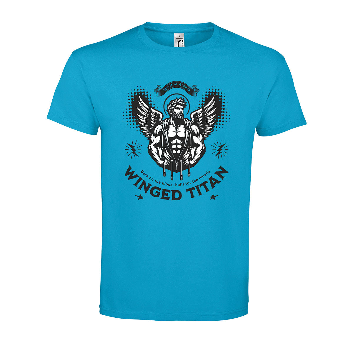 Aqua t-shirt with 'Winged Titan' graphic design on a white background