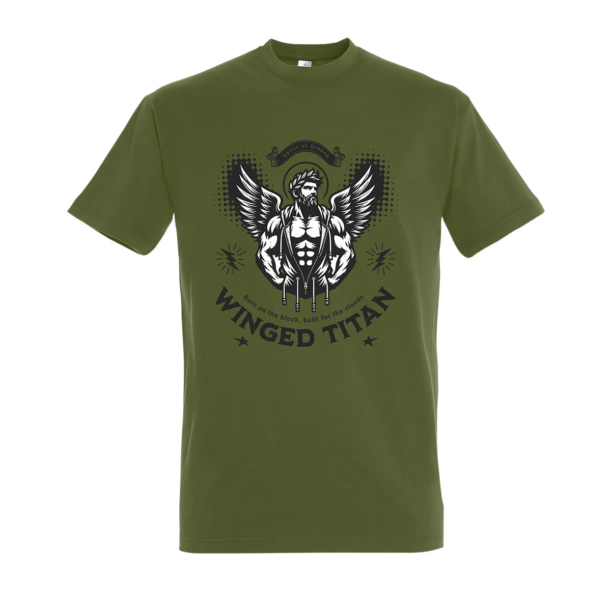 Dark khaki t-shirt with 'Winged Titan' graphic design on a white background