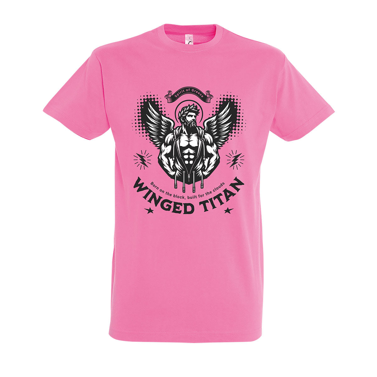 Pink t-shirt with black graphic design and text on a white background