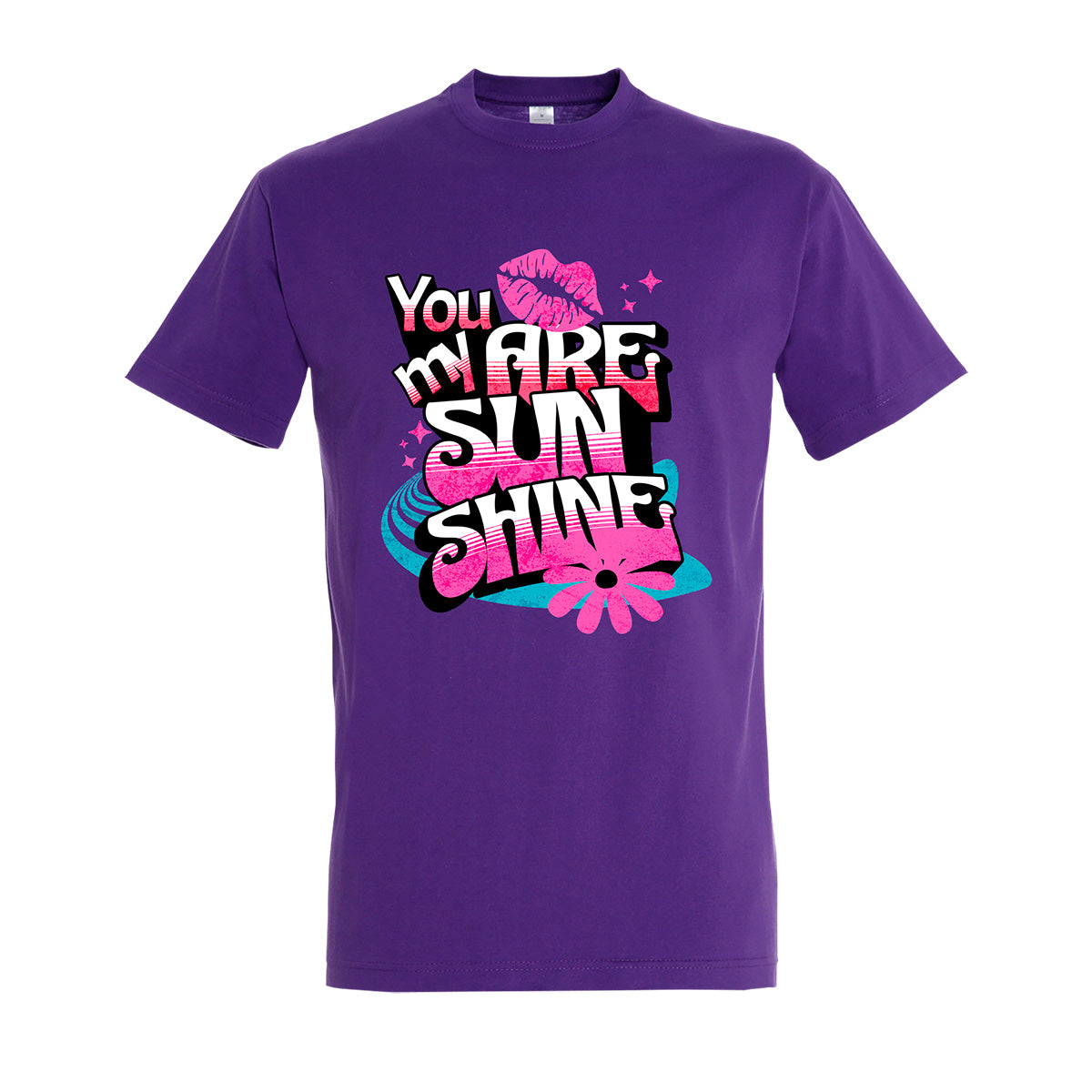 Dark purple t-shirt with colorful graphic design on a white background