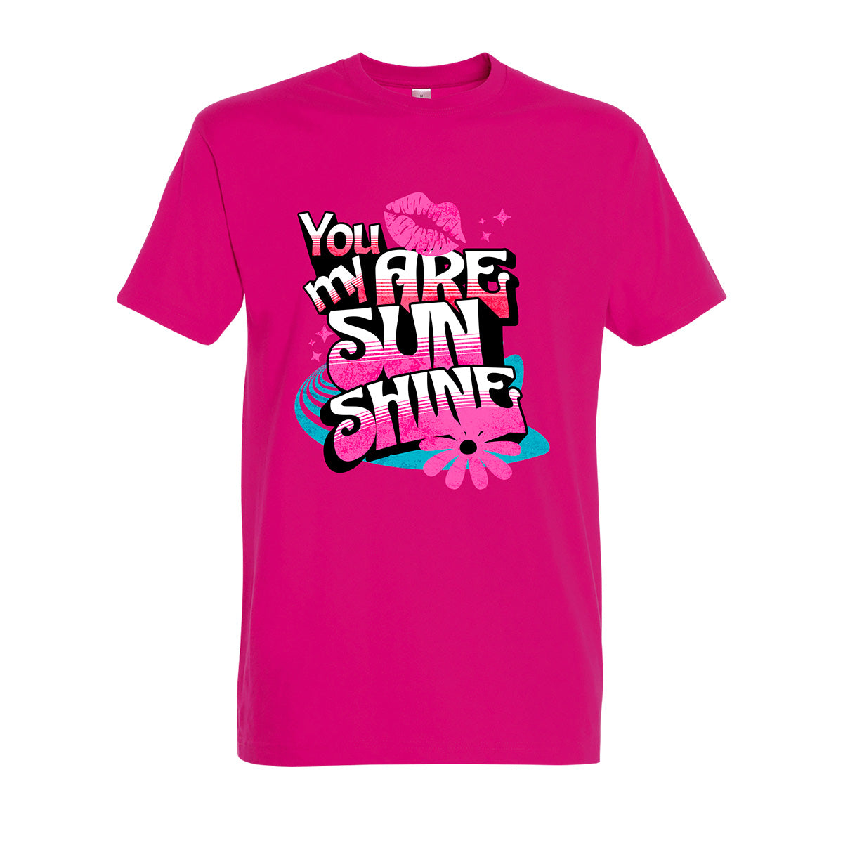 Red fuchsia t-shirt with colorful text design on a white background
