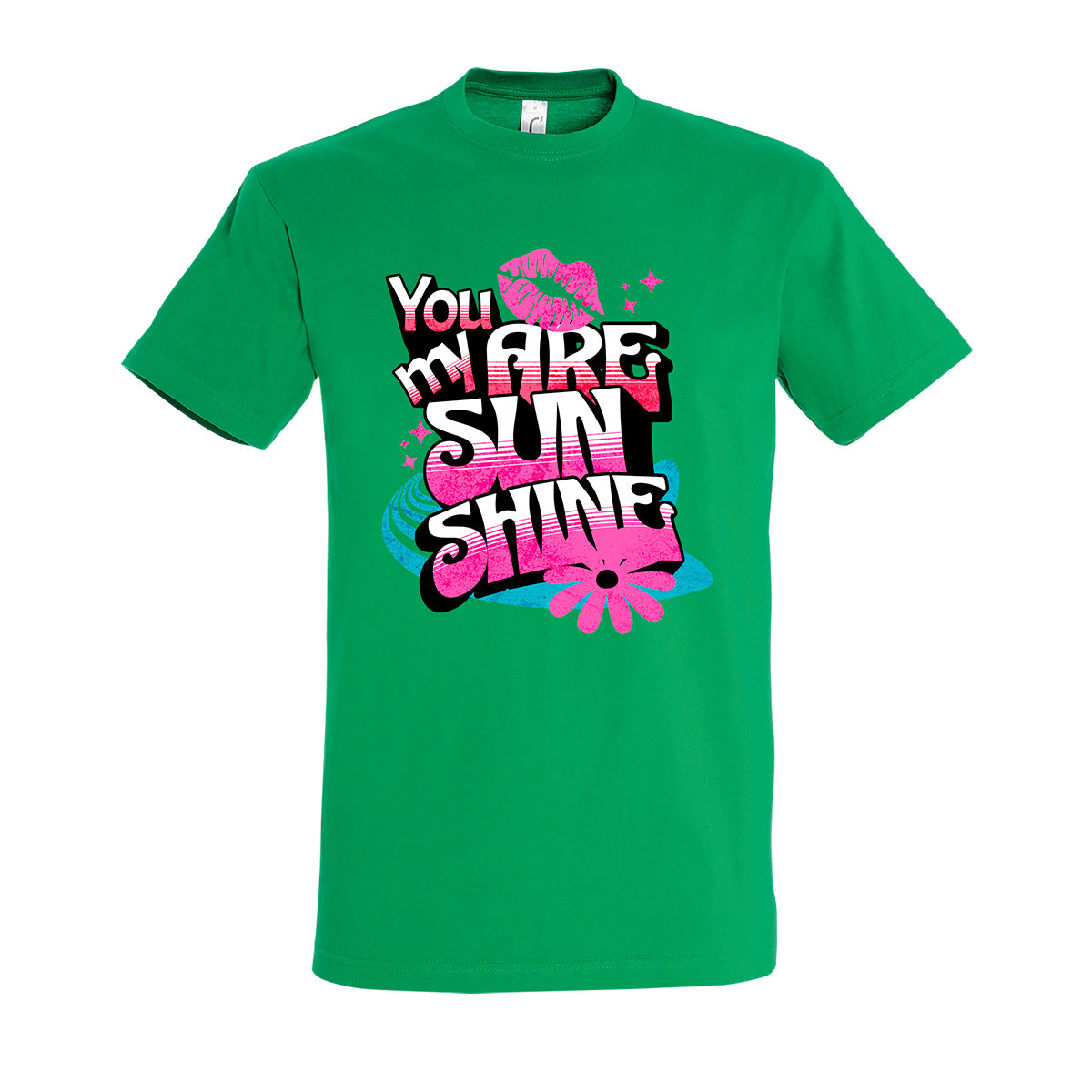 Green t-shirt with colorful text design on a white background